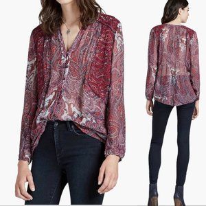 Lucky Brand M Paisley Button Down Embroidery Pleated Blouse